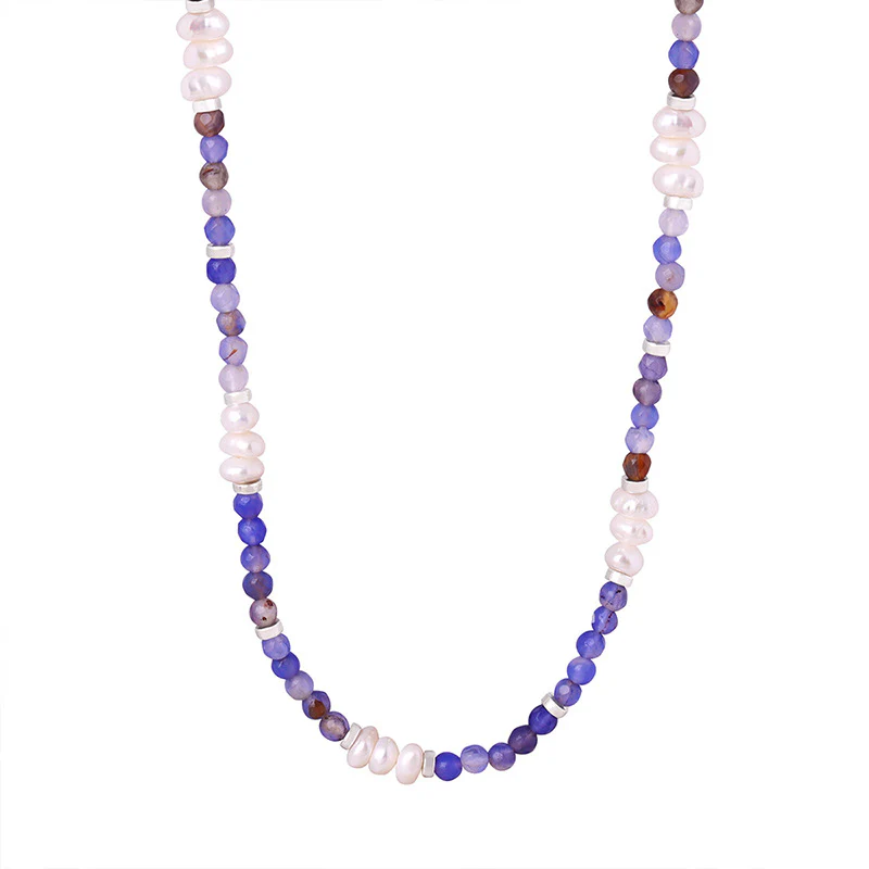 Blue Purple Natural Agate Freshwater Pearl Beaded Necklace