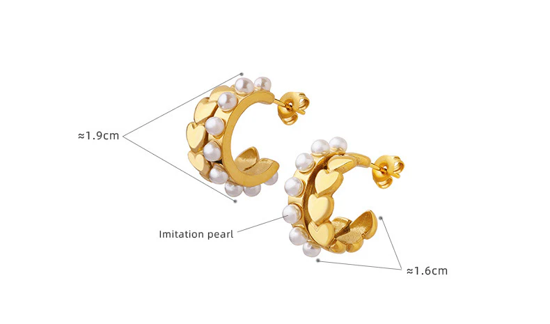 Geometric C Shape Love Heart and Pearl Earring