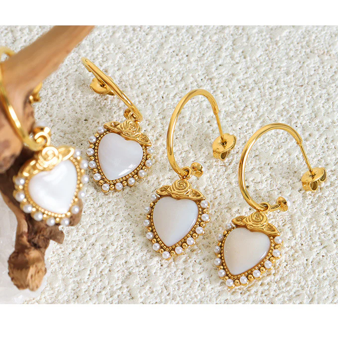 Rose and Pearls Adorned Heart Earrings