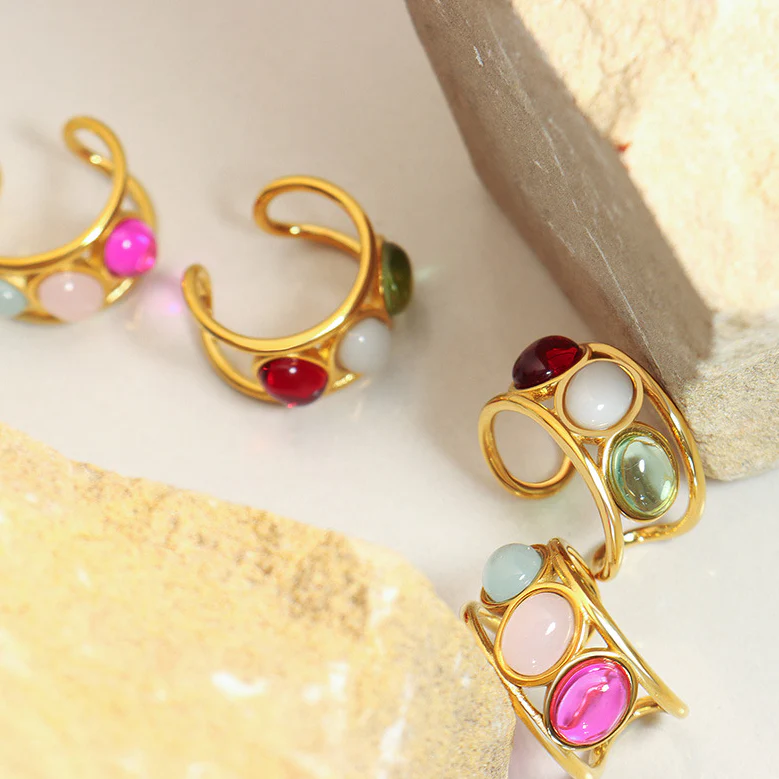 Colorful Pink Green Red Beads Gold Enhancer Ring