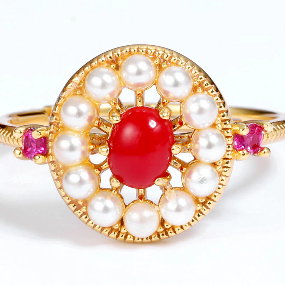 Red Coral and Pearl Ring