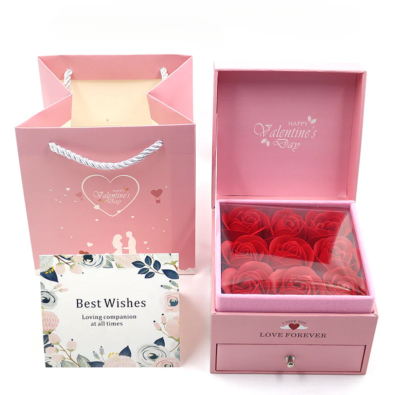 Dreamy Pink 9 Roses Preserved Flower Ring Earring Necklace Jewelry Box