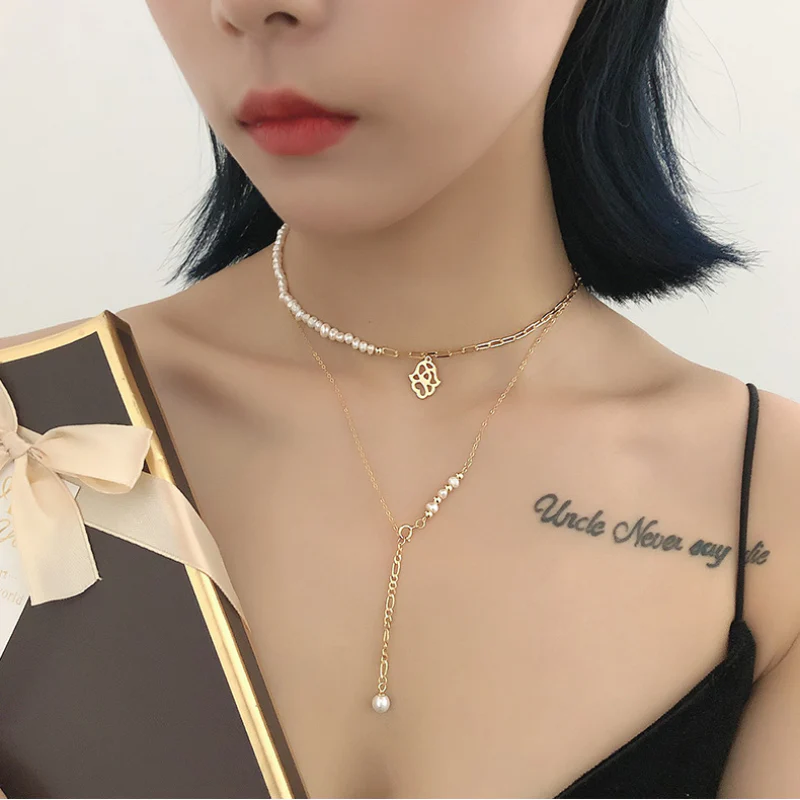 Gold Y Necklace Pearl Drop Pendant