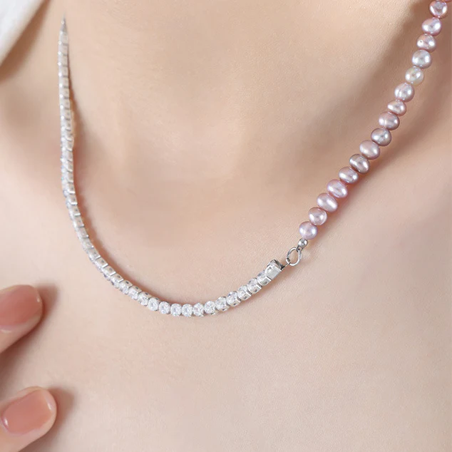 Half Light Purple Freshwater Pearl and Half Zircon Silver Chain OT Clasp Pendant Necklace