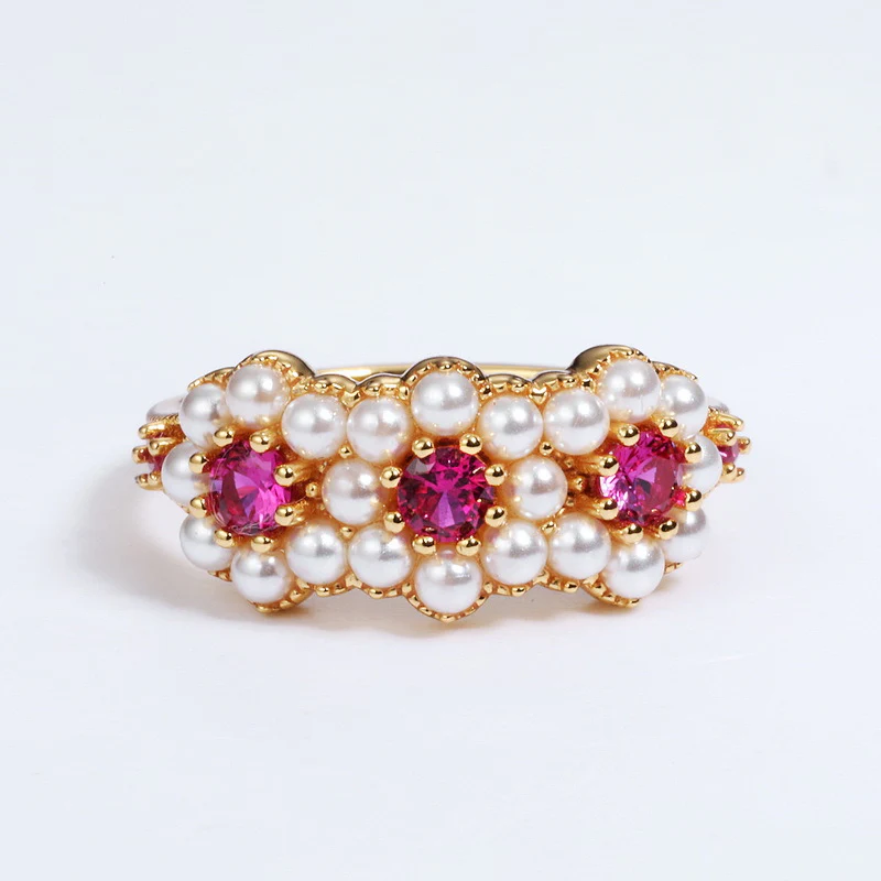 Red Corundum Flower Pearl Ring