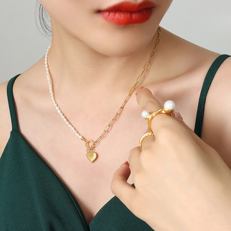 Adjustable Half Pearl Half Chain Heart Necklace