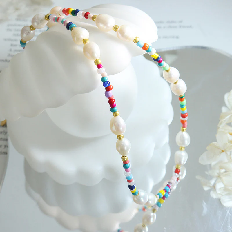 Freshwater Pearl and Rainbow Glass Beaded Necklace