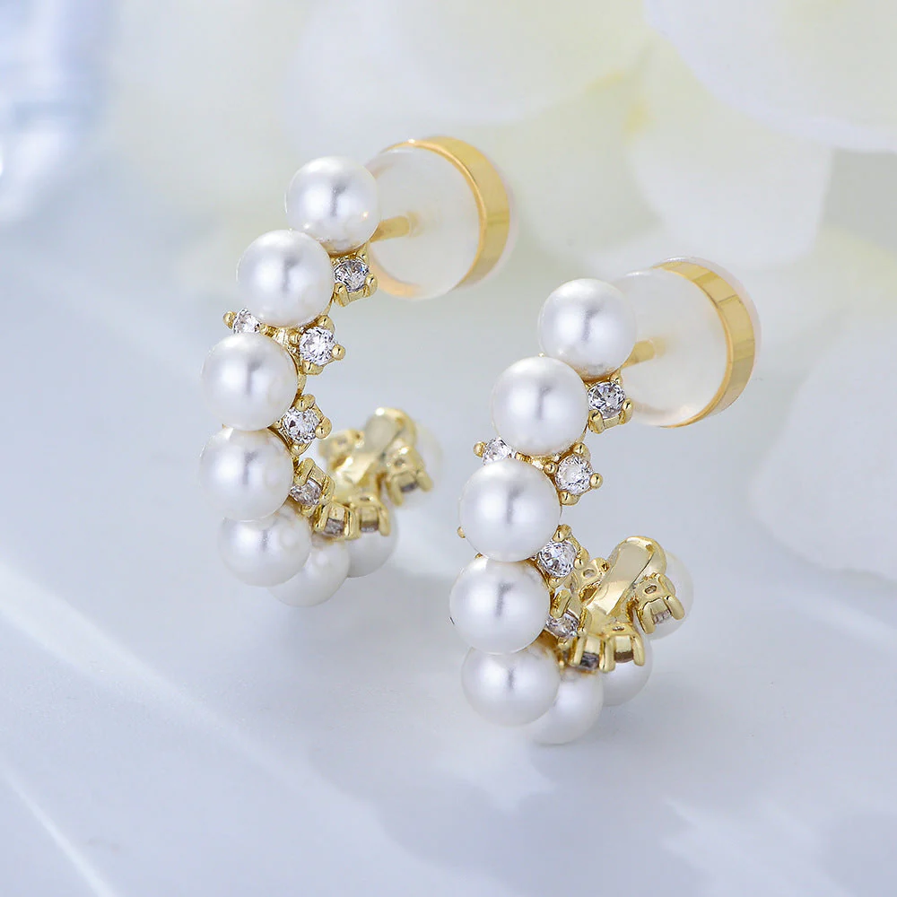 Pearl Half Hoop Earrings With Diamond