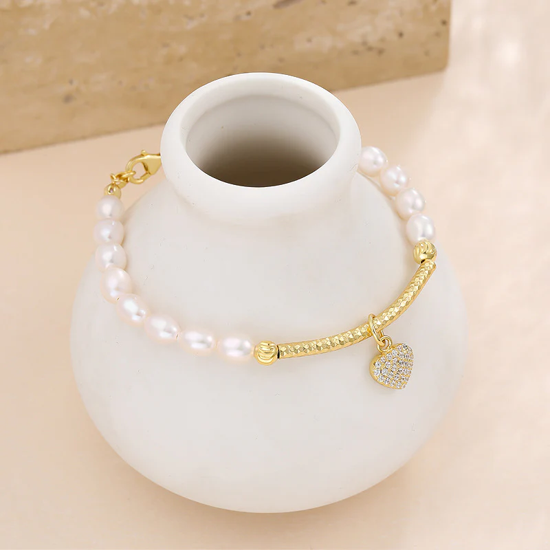 Rice Pearl Bracelet With Love Heart Charm