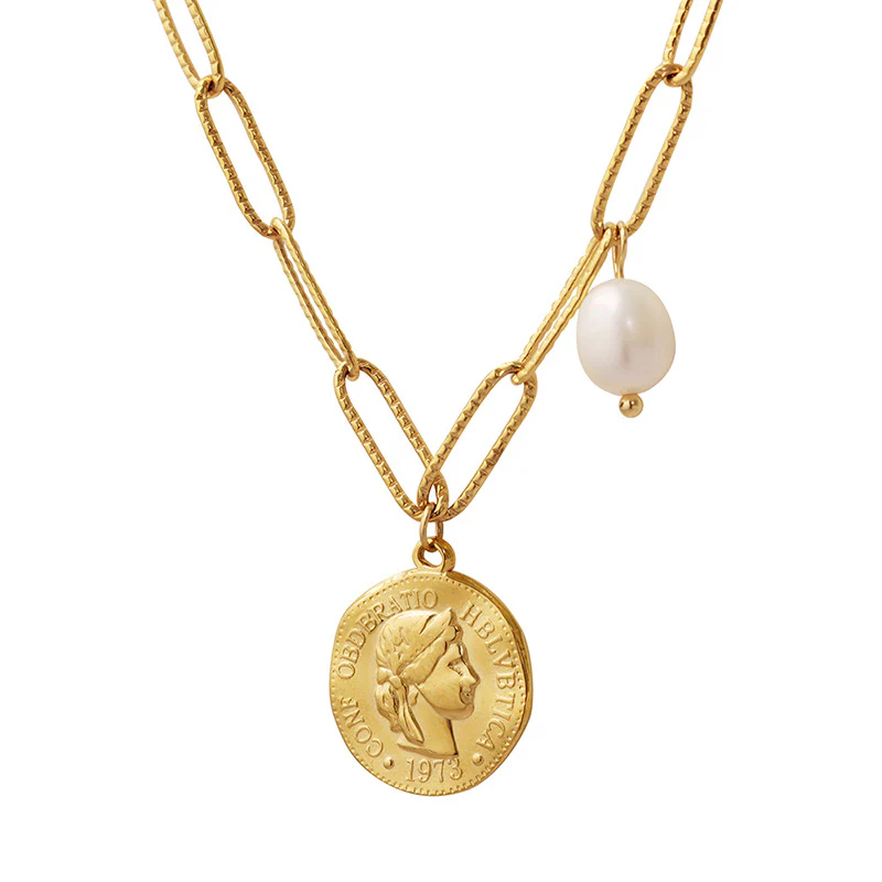 Vintage Portrait Coin Pendant Pearl Charm Paperclip Necklace