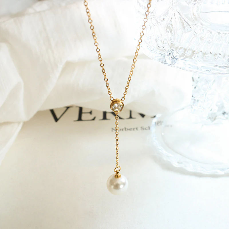 Dainty White Zircon Pearl Drop Y Necklace