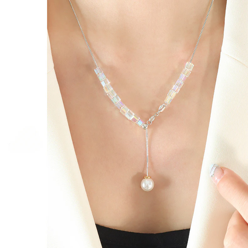 Adjustable Crystal Cube Pearl Drop Necklace