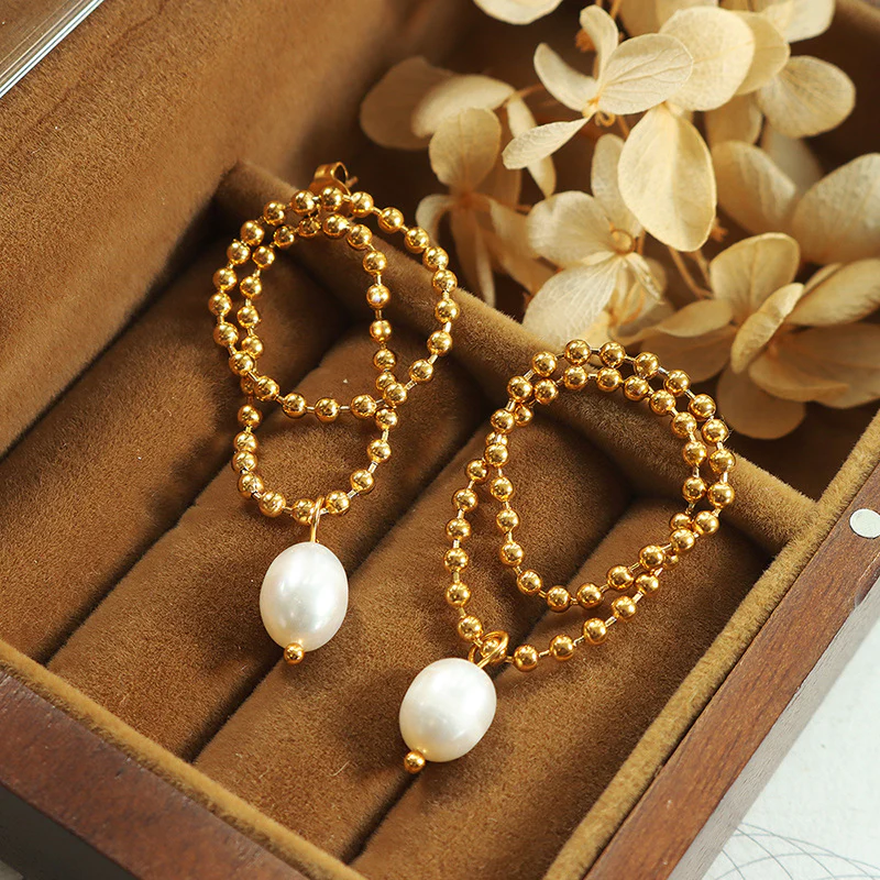 Double Gold Beads Chain Freshwater Pearl Drop Earrings