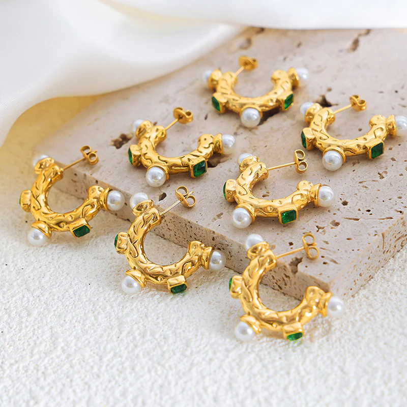 C Shape Emerald and Pearl Earrings