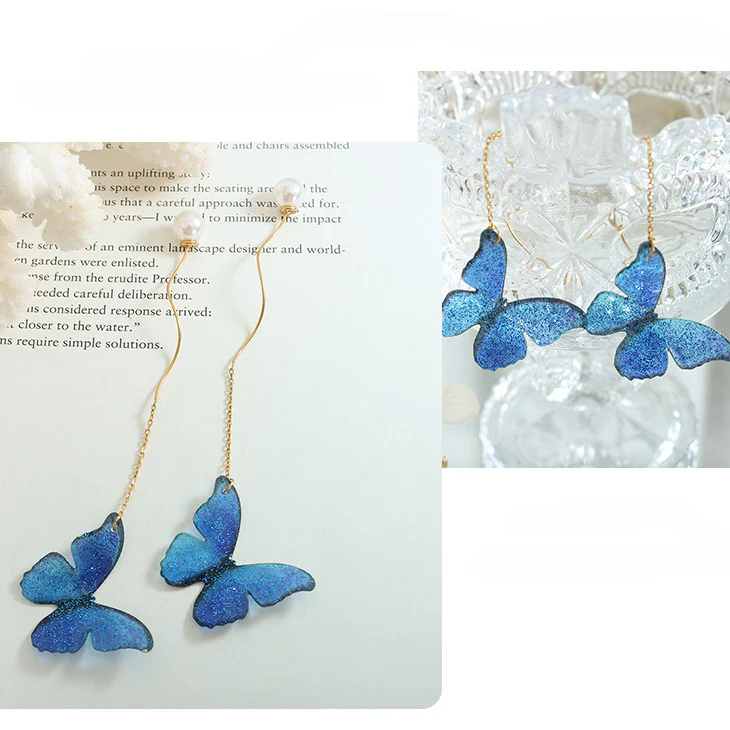Pearl Drop Linear Blue Butterfly Earrings