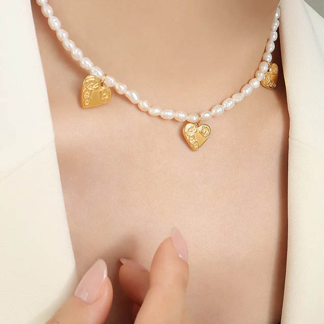 Three Love Heart Charms Freshwater Pearl Necklace