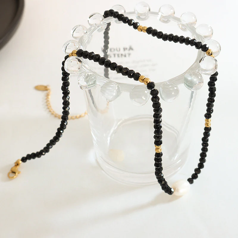 Black Glass Beads Freshwater Pearl Necklace