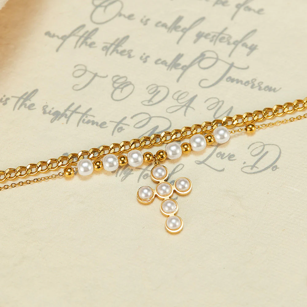 Two Layer Stacked Pearl Cross Pendant Necklace