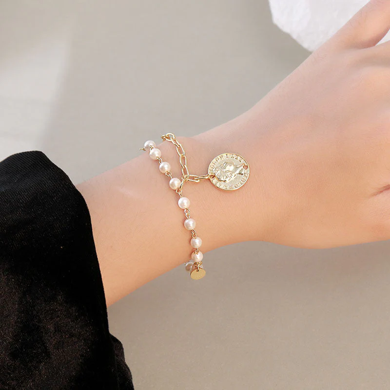 Vintage Portrait Coin Pearl Bracelet