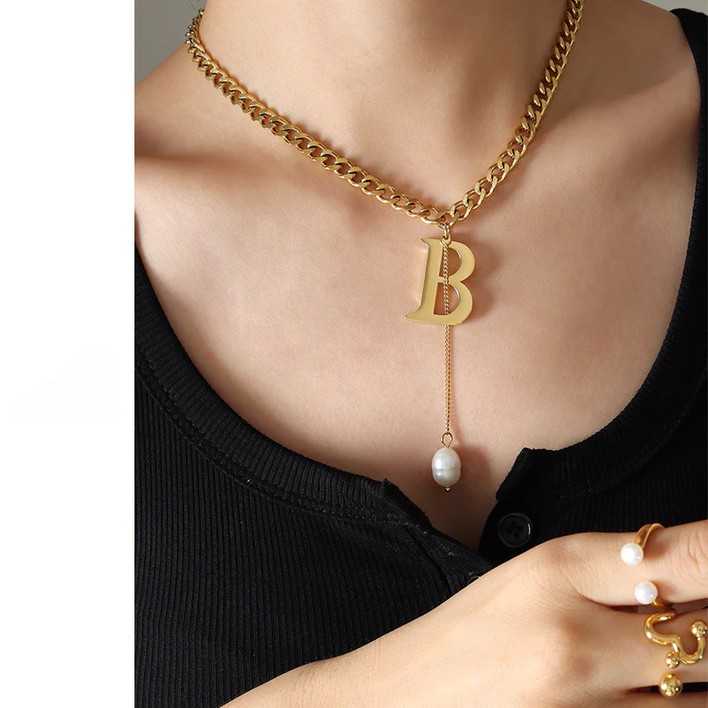 Letter B Pearl Drop Pendant Thick Flat O Chain Y Necklace