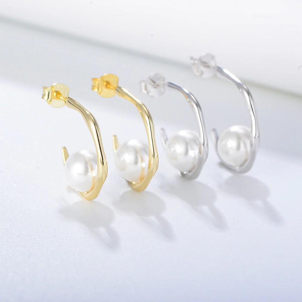 Geometric C Shape Pearl Earrings