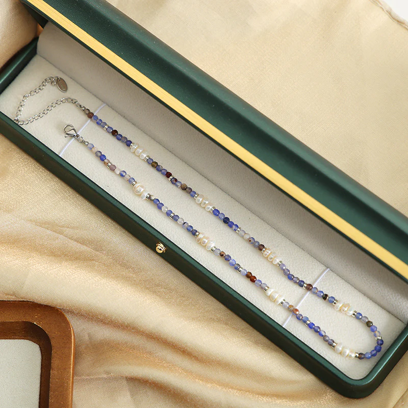 Blue Purple Natural Agate Freshwater Pearl Beaded Necklace