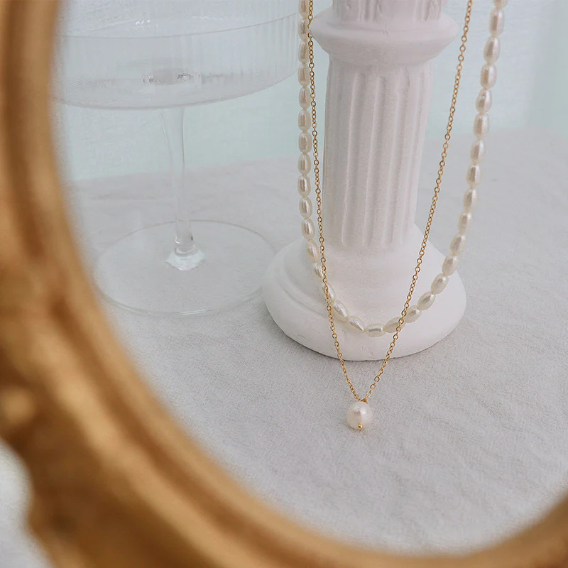 Stacked Double Layered Gold Chain Freshwater Pearl Necklace