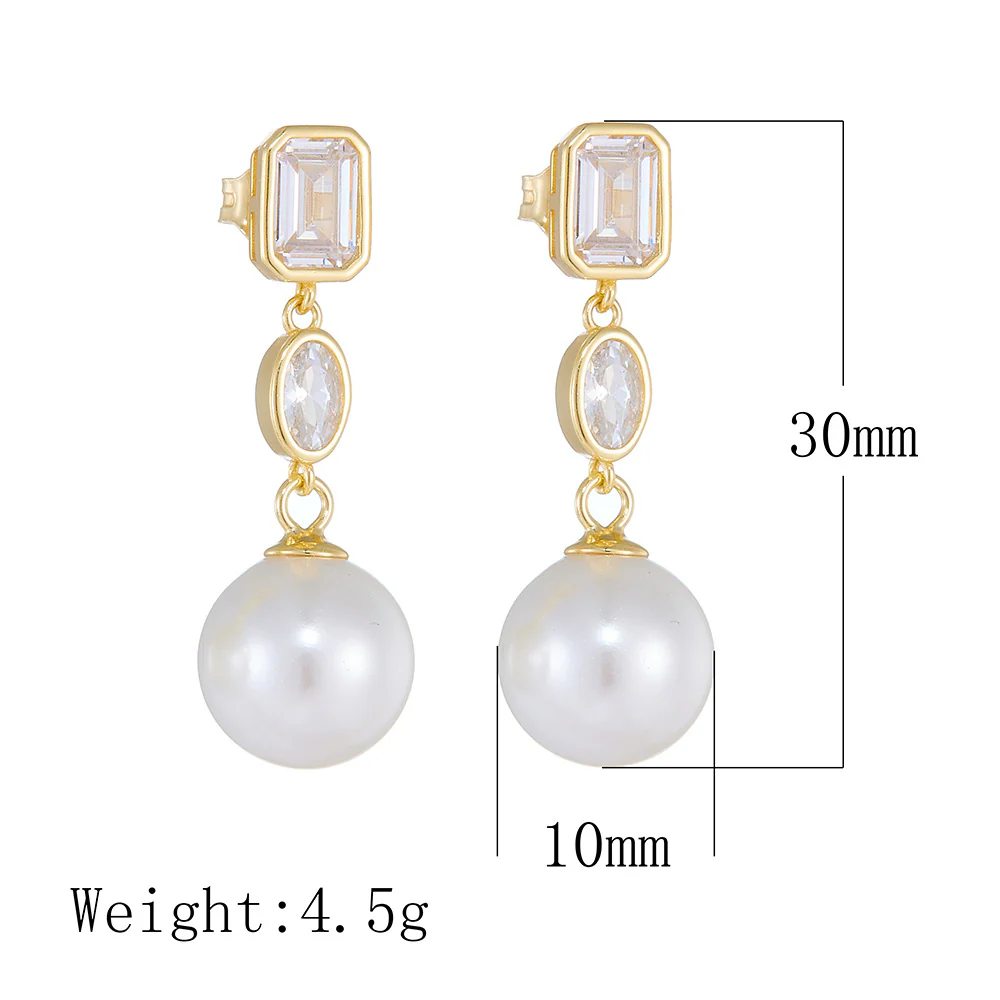 Elegant Cube Zircon 10mm Pearl Dangle Earrings