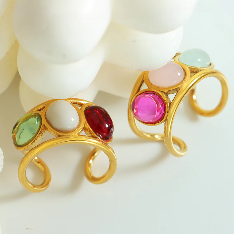Colorful Pink Green Red Beads Gold Enhancer Ring