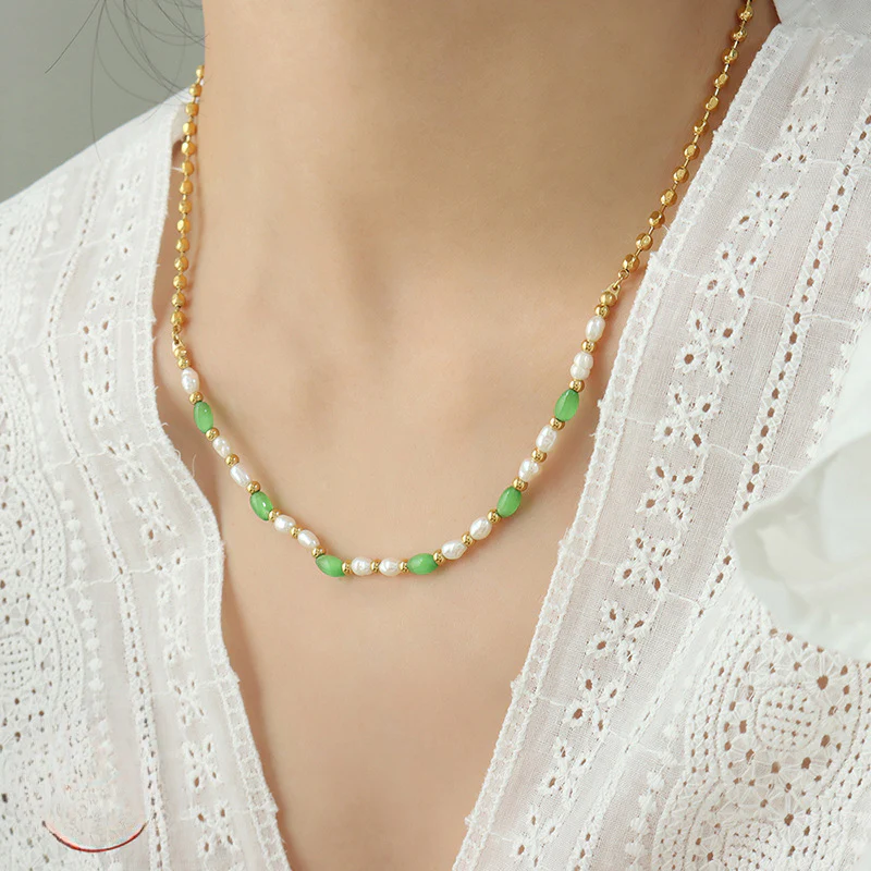 Green Cat Eye Stone and Gold Beads Freshwater Pearl Necklace