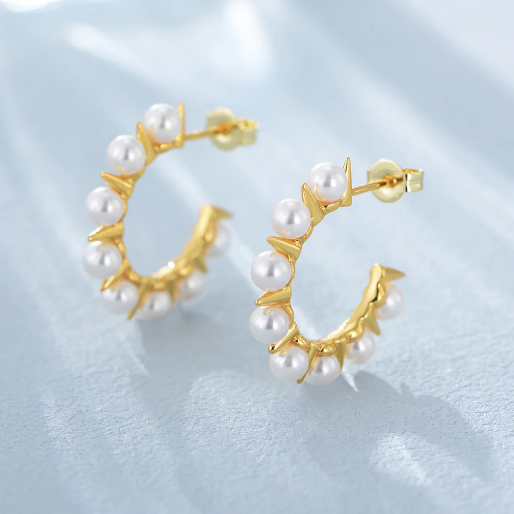 C Hoop Rivet Pearl Earrings