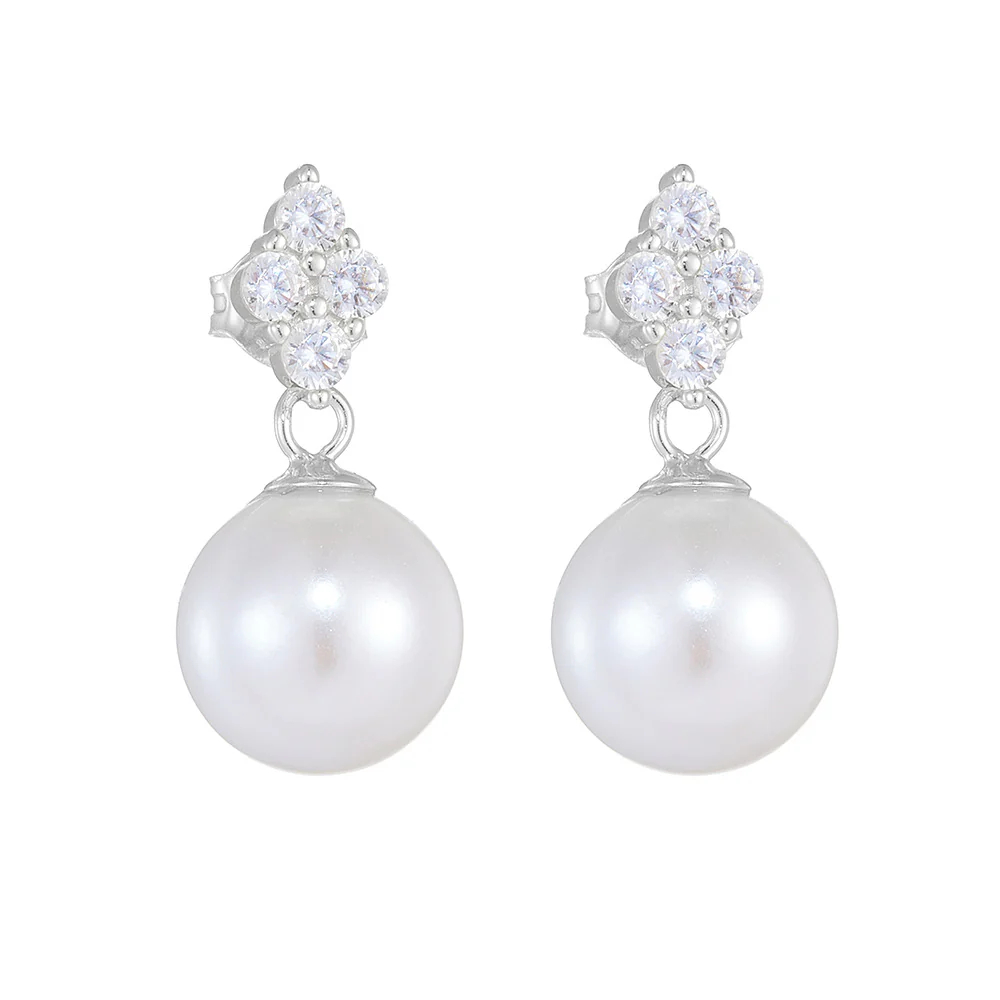 Rhombic Stud 10mm Pearl Dangle Earrings