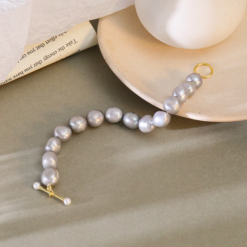 Grey Pearl Bracelet Chunky Baroque