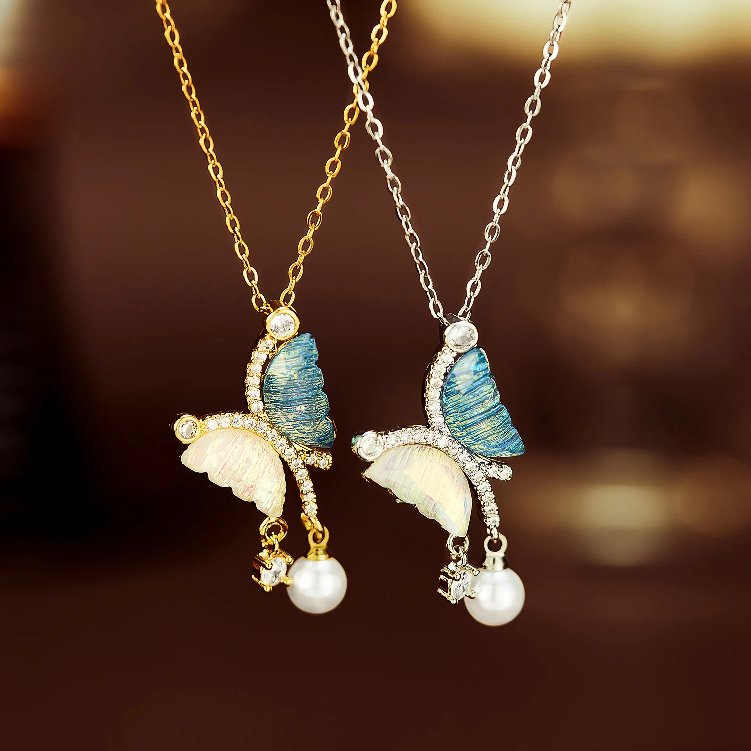 Dazzling Blue Butterfly Pearl Drop Pendant Necklace