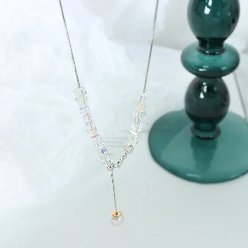 Adjustable Crystal Cube Pearl Drop Necklace