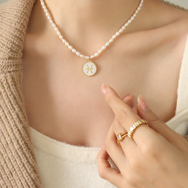 12 Constellation Zodiac Sign Round Pendant Freshwater Pearl Necklace
