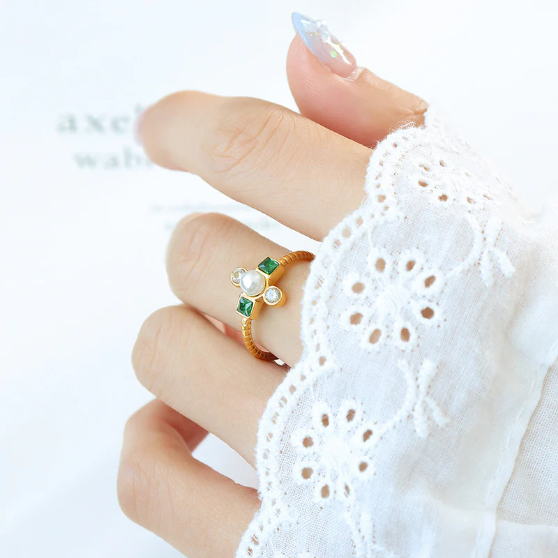 Emerald Zircon and Pearl Cross Ring