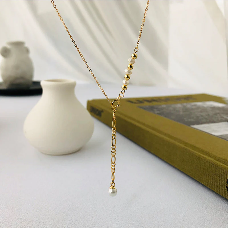 Gold Y Necklace Pearl Drop Pendant