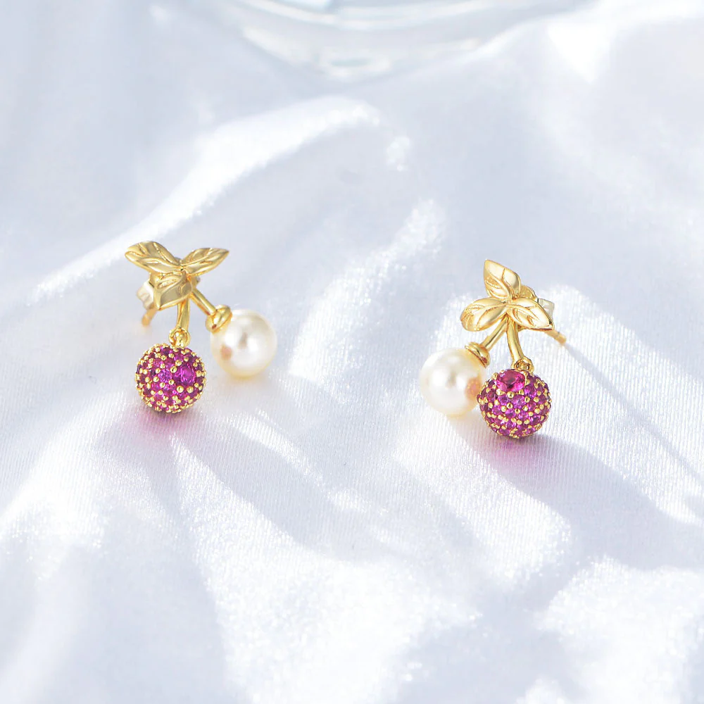 Zircon Cherry Earrings Pearl Studs