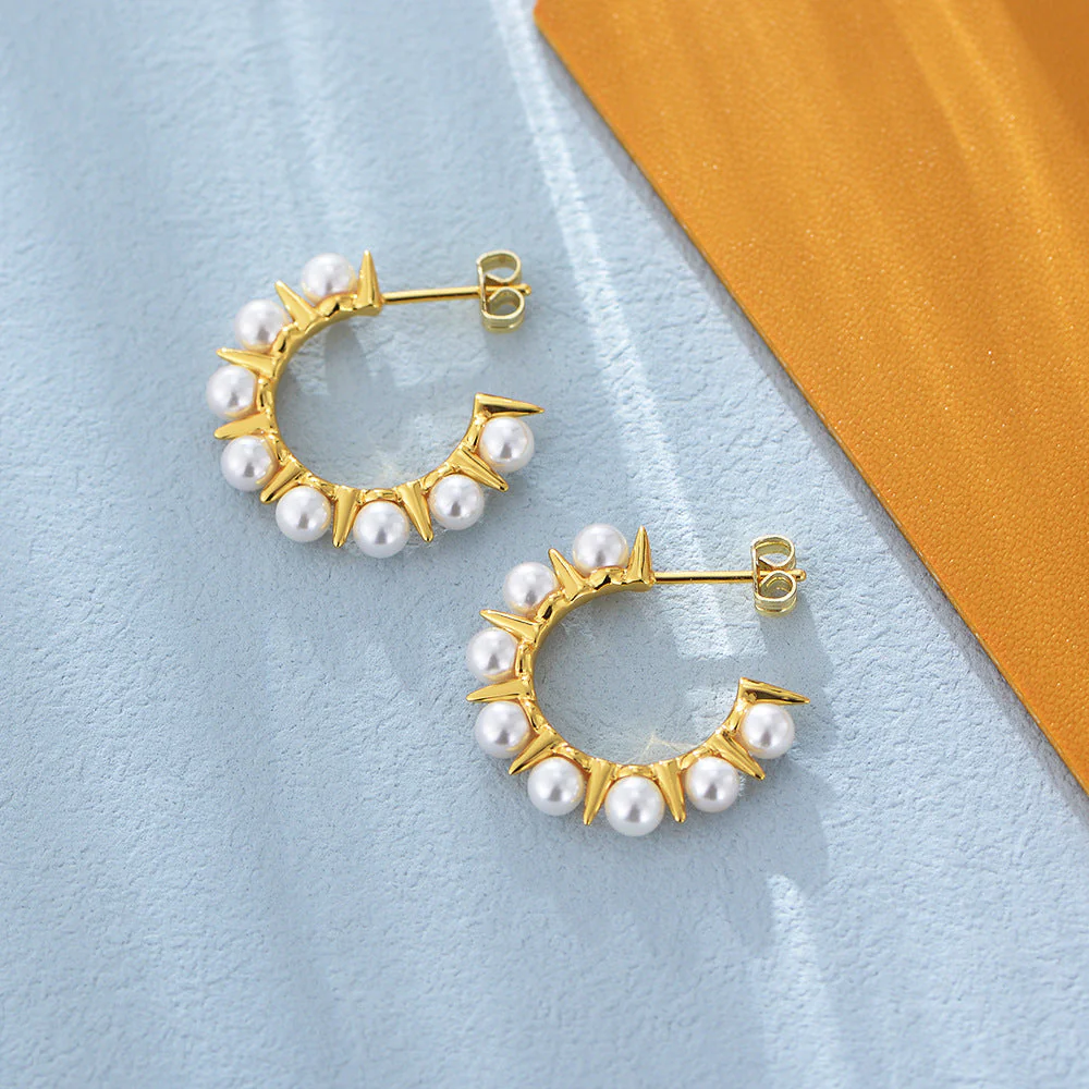 C Hoop Rivet Pearl Earrings