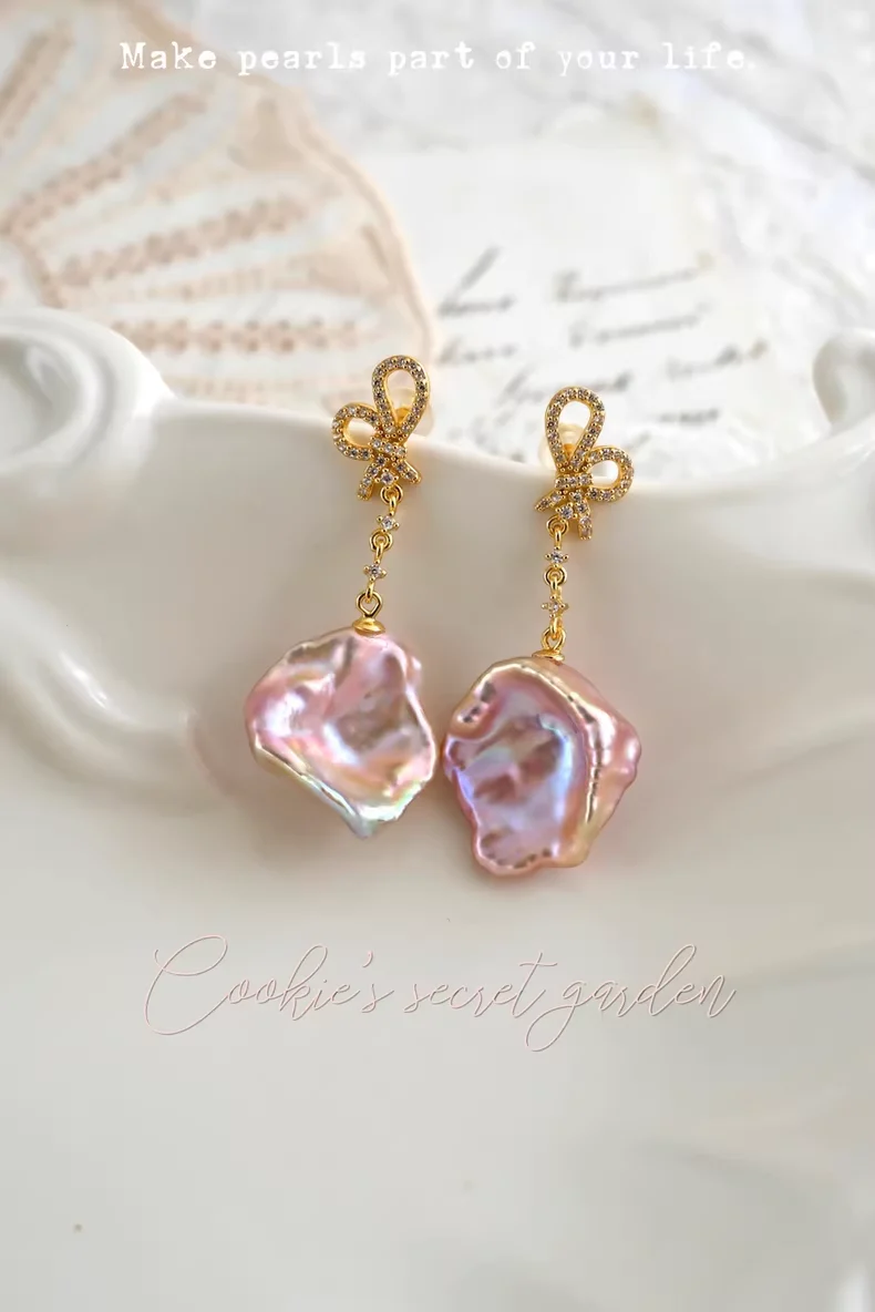 【Monet Garden Collection】 Handmade Yuru Bow Baroque Pearl Drop Earrings
