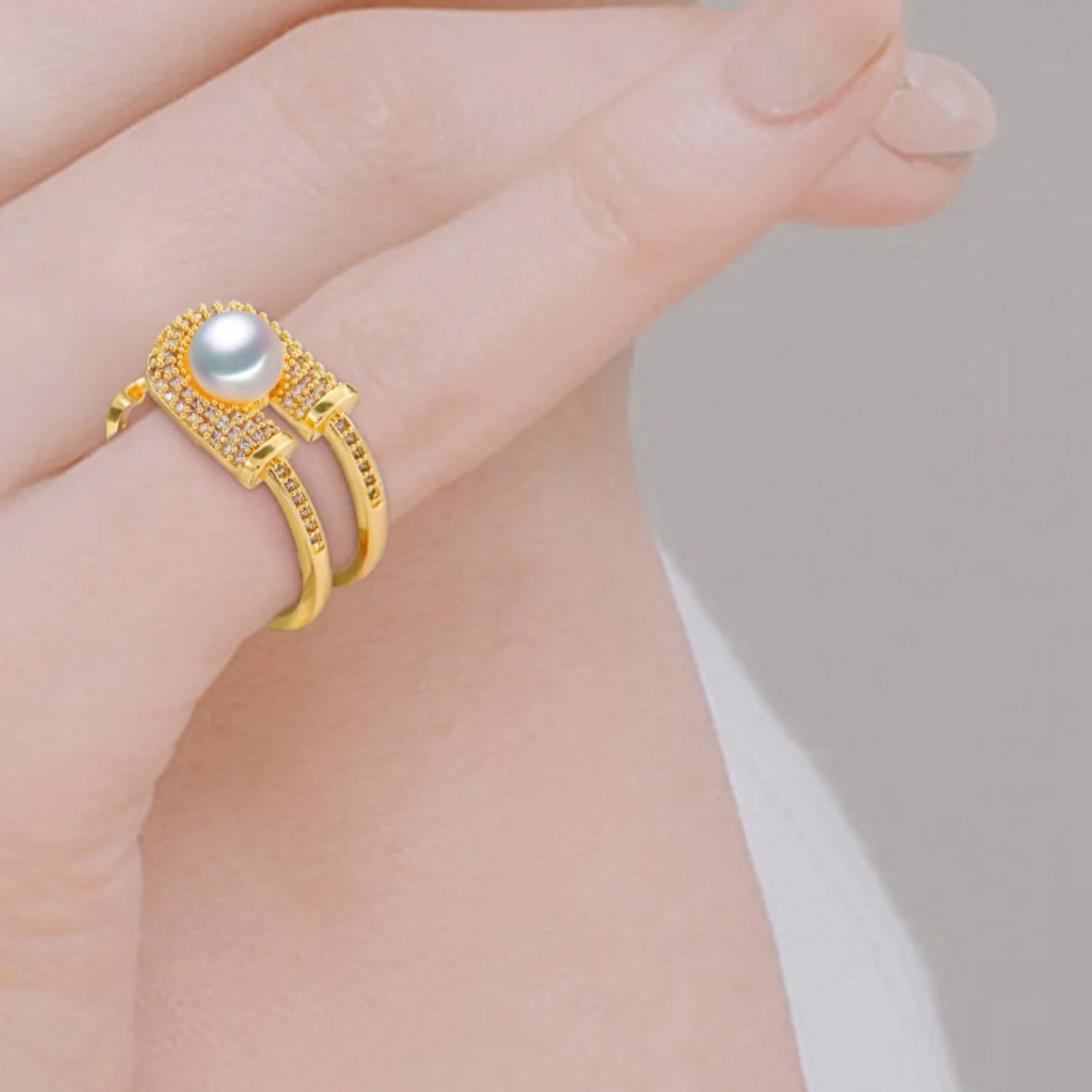 Adjustable Zircon Pearl Ring