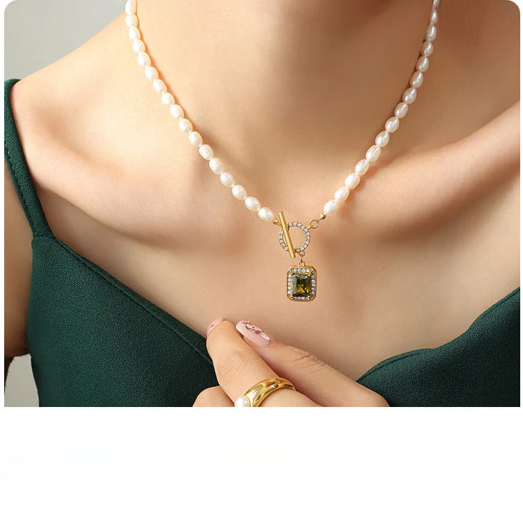 OT Clasp Rectangular Zircon Freshwater Pearl Necklace