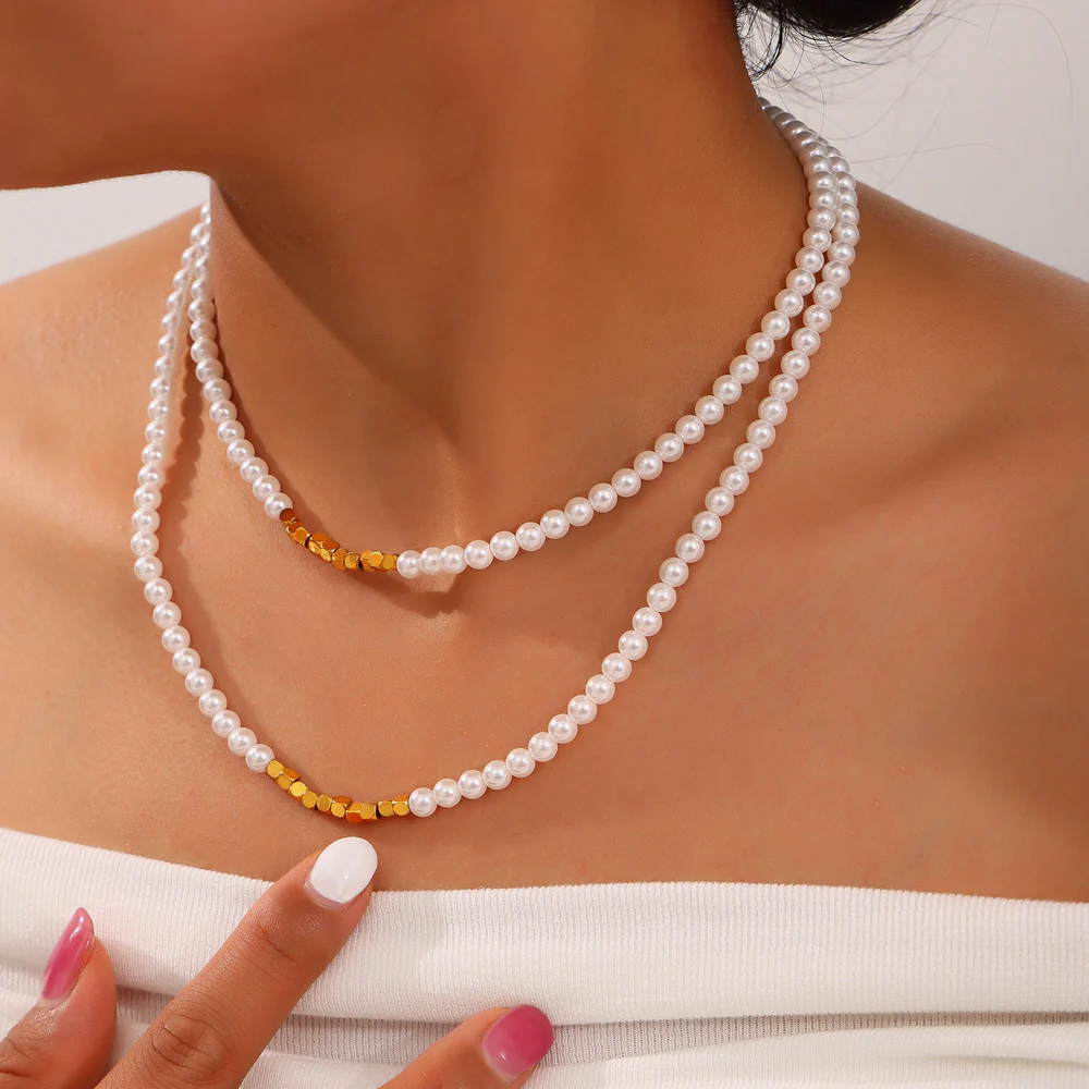Fashion Simple Cube Splicing Pearl Necklace