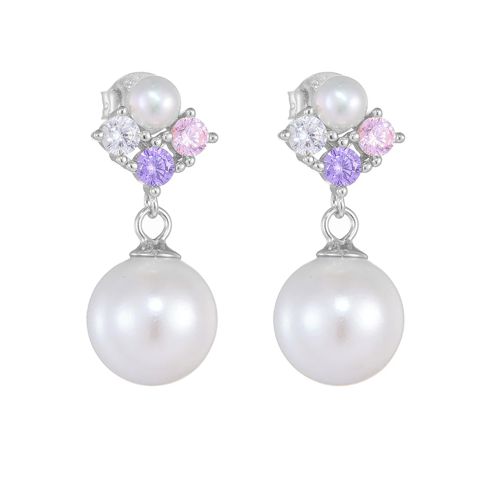 Colorful Pink Purple Zircon 10mm Pearl Earrings