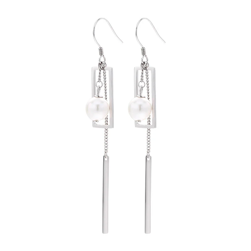 S925 Silver Geometric Tassel Pearl Dangle Earrings
