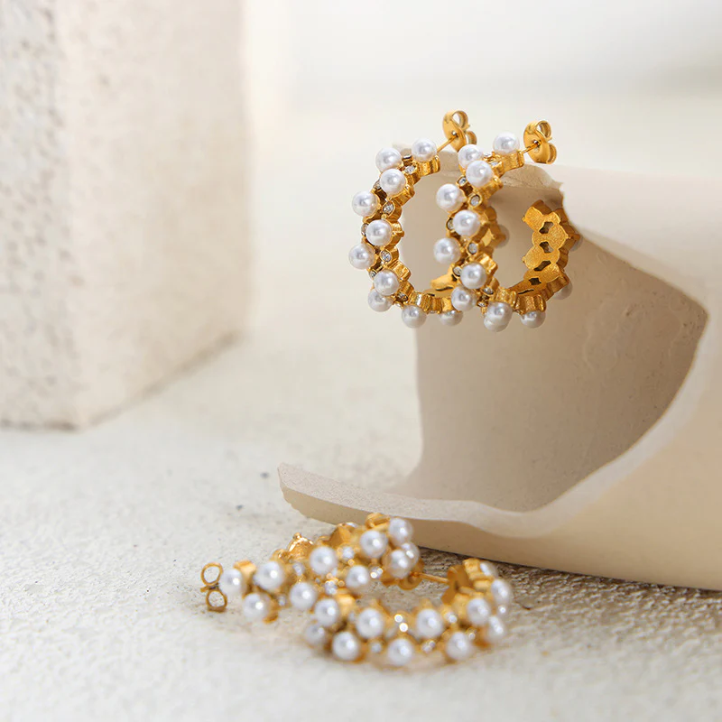 Geometric C Shape Inlay Diamond and Pearl Earring