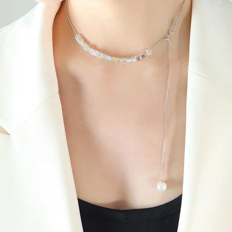 Adjustable Crystal Cube Pearl Drop Necklace