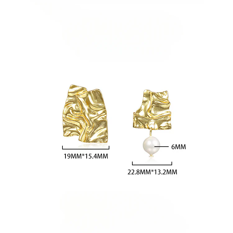 Asymmetrical Tin Foil Pearl Drop Earrings