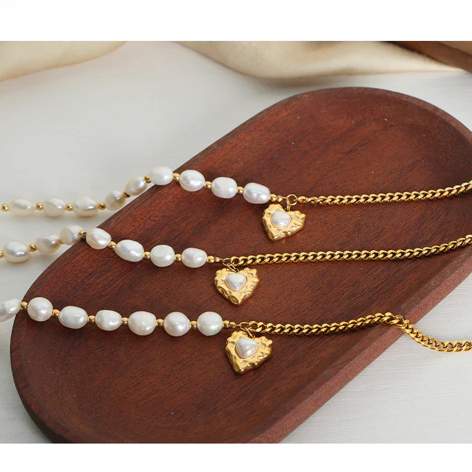 Half Gold Chain Half Freshwater Pearl Necklace With Heart Pendant